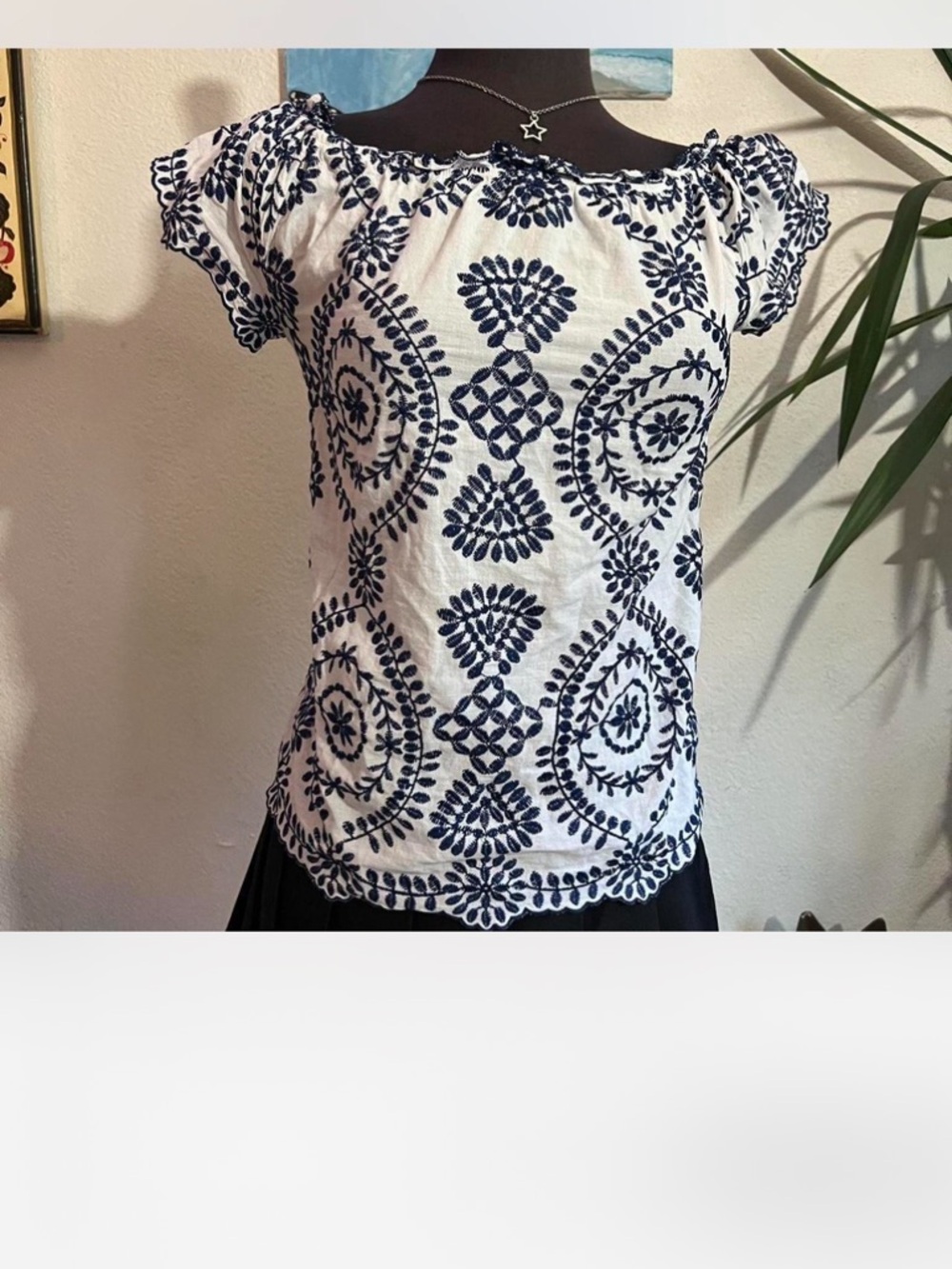Urban Outfitters White Blouse with Navy Embroidery